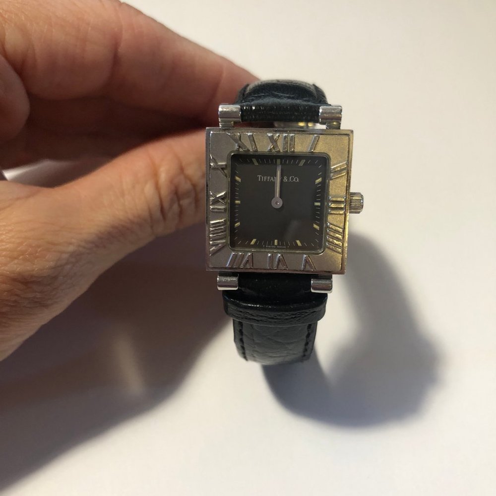 Womens Tiffany & Co. Black Stainless Steel Atlas Swiss Made Square Shape Watch *